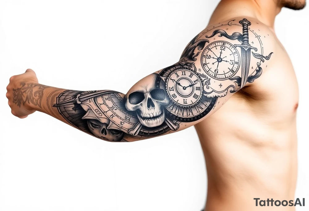 Skull and crossbones, sun, clock face, dagger tattoo idea