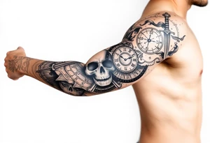 Skull and crossbones, sun, clock face, dagger tattoo idea
