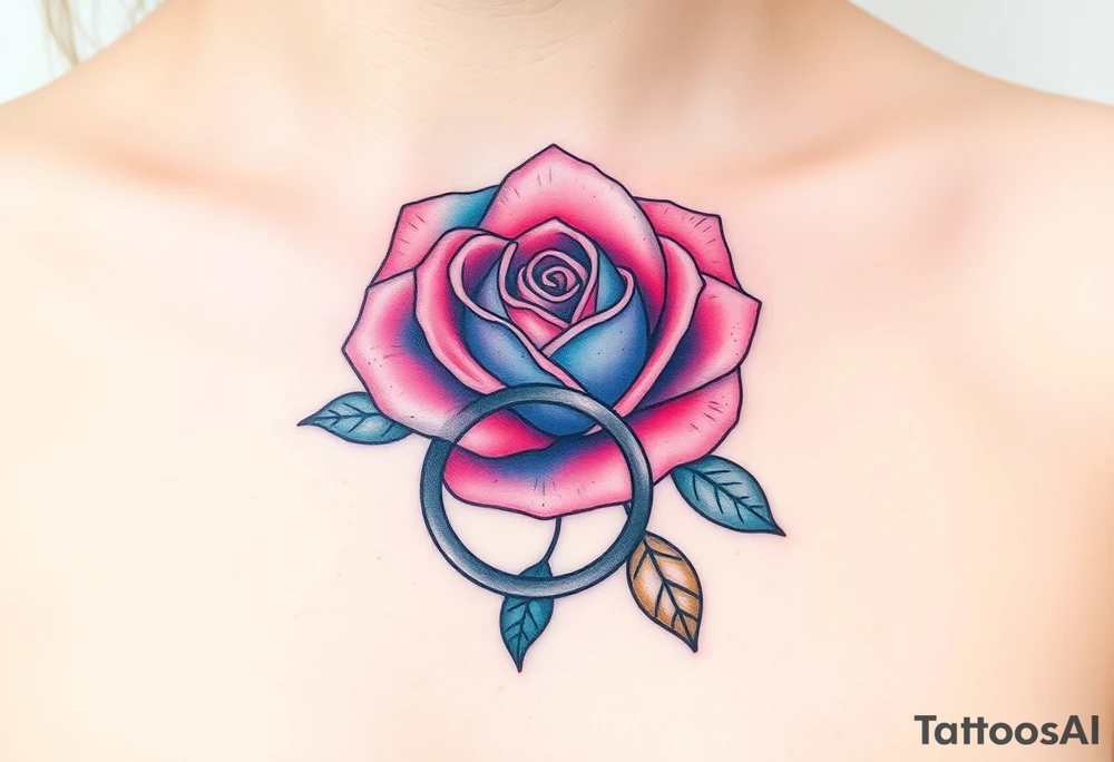 A minimalist blooming rose wrapped around a two wedding rings tattoo idea