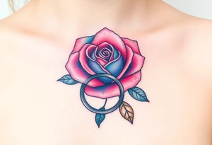A minimalist blooming rose wrapped around a two wedding rings tattoo idea