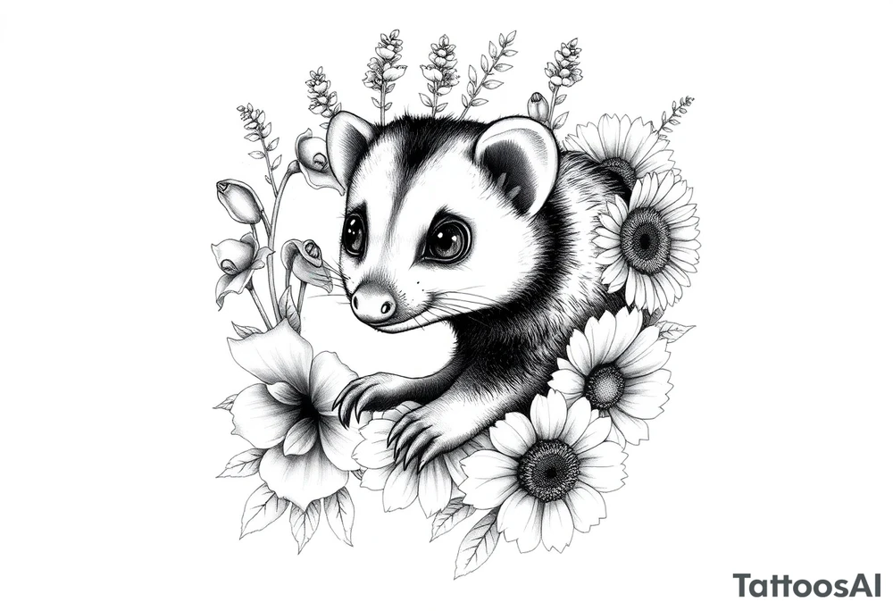 Sweet Virginia opossum with doe eyes surrounded by hellebores, lantana, foxglove and sunflowers with shading tattoo idea