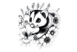 Sweet Virginia opossum with doe eyes surrounded by hellebores, lantana, foxglove and sunflowers with shading tattoo idea