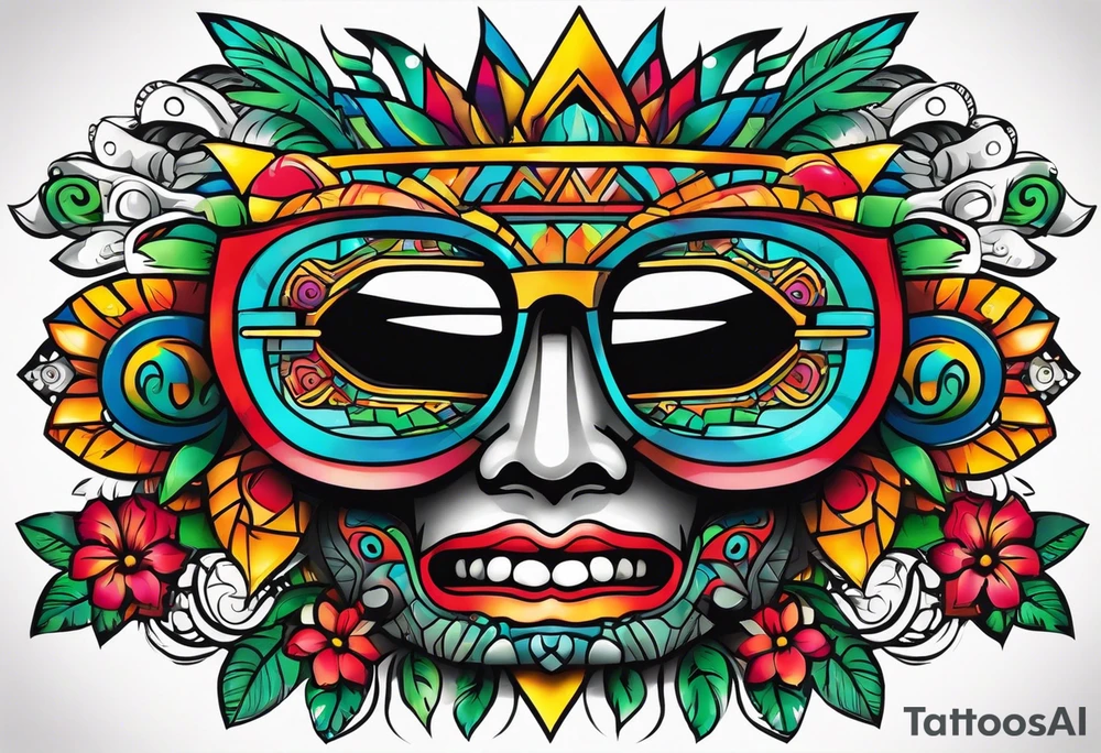 Colorful Mayan theme sunglasses no face tattoo idea