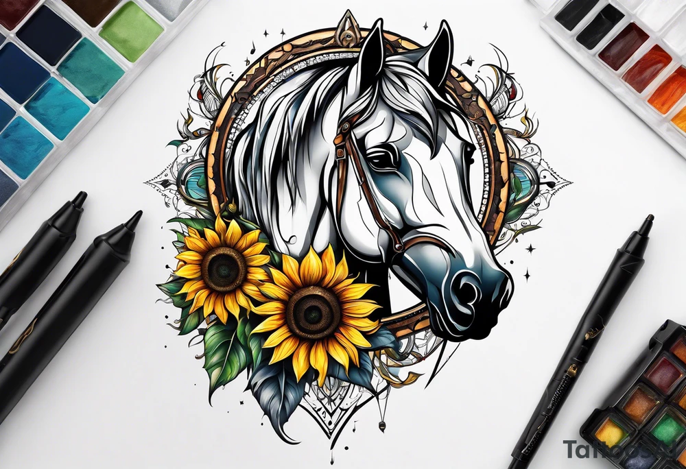 Horse, compass, sunflower tattoo idea