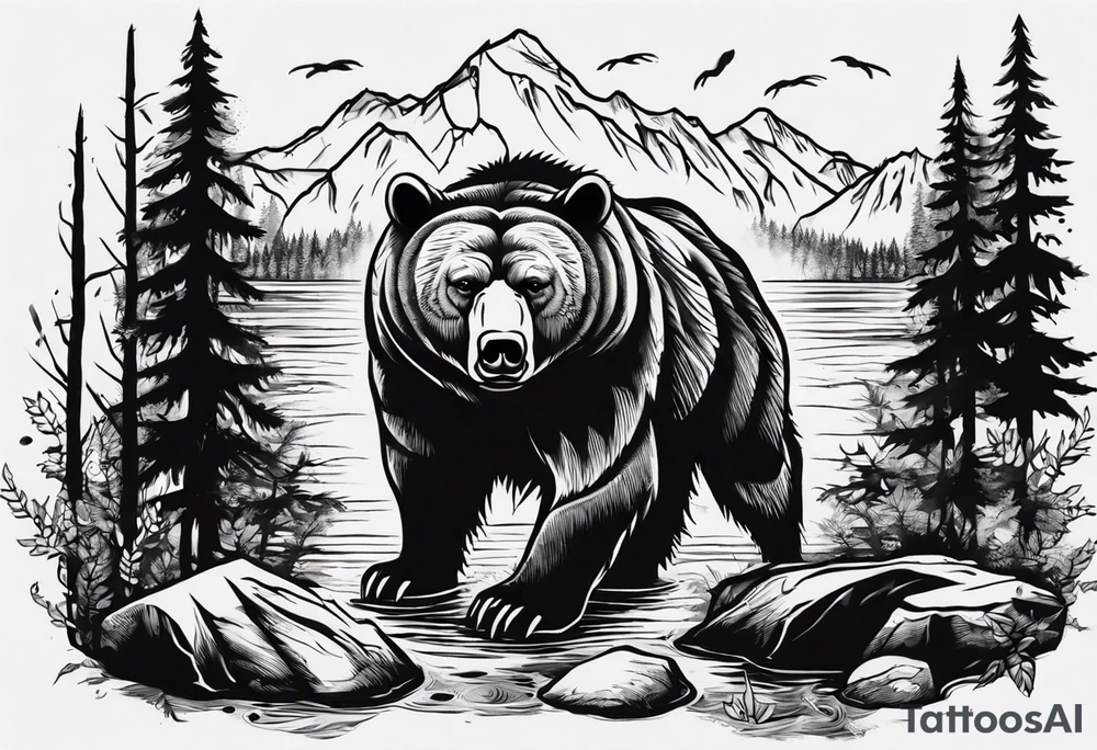 bear head, forest, lake, appalachia, arm sleeve tattoo tattoo idea