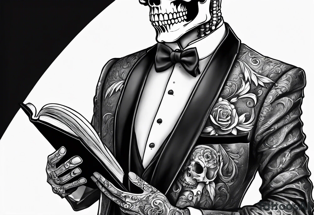 skeleton in tuxedo holding a bible tattoo idea