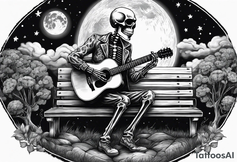 peaceful skeleton sitting on a park bench playing acoustic guitar on a cloudy night with a large full moon tattoo idea