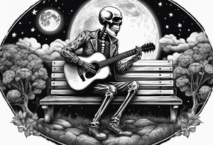 peaceful skeleton sitting on a park bench playing acoustic guitar on a cloudy night with a large full moon tattoo idea