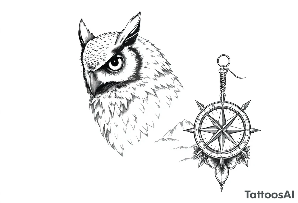 an owl,a compass,landscape. tattoo idea