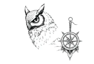 an owl,a compass,landscape. tattoo idea