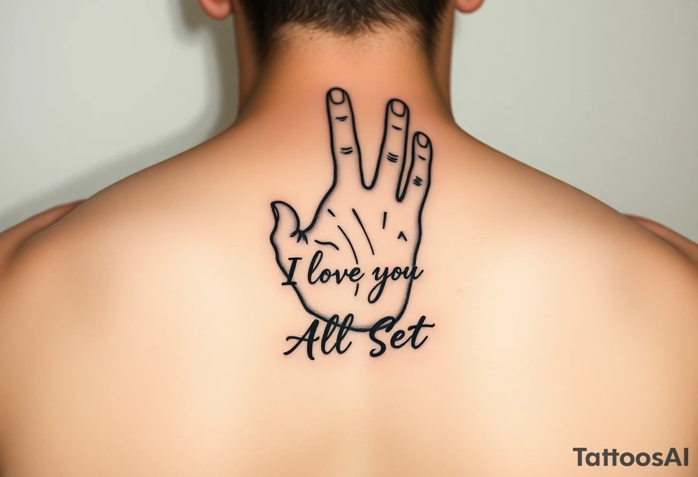Hand signing I love you with the words All Set tattoo idea