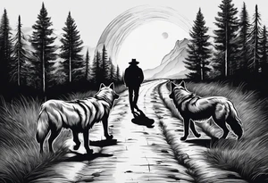 Lone wolf concept. A road or pathway with at one end a pack of animals heading in on direction. The lone wolf is heading in the other direction looking confident. tattoo idea