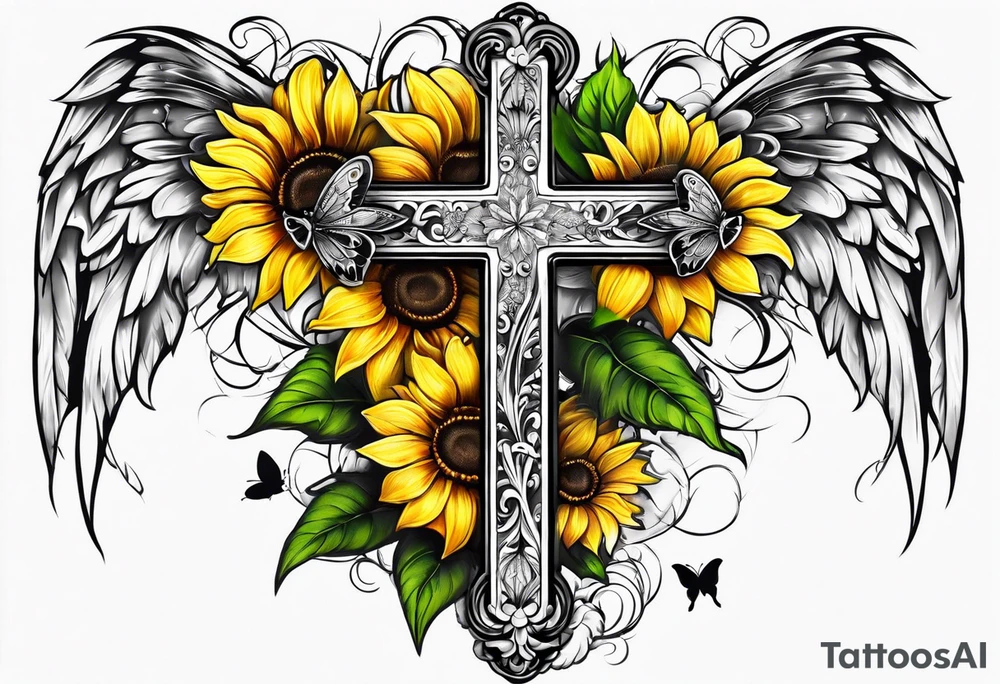 Winged cross with sunflower flowers and butterflies calf sleeve tattoo idea
