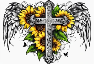 Winged cross with sunflower flowers and butterflies calf sleeve tattoo idea