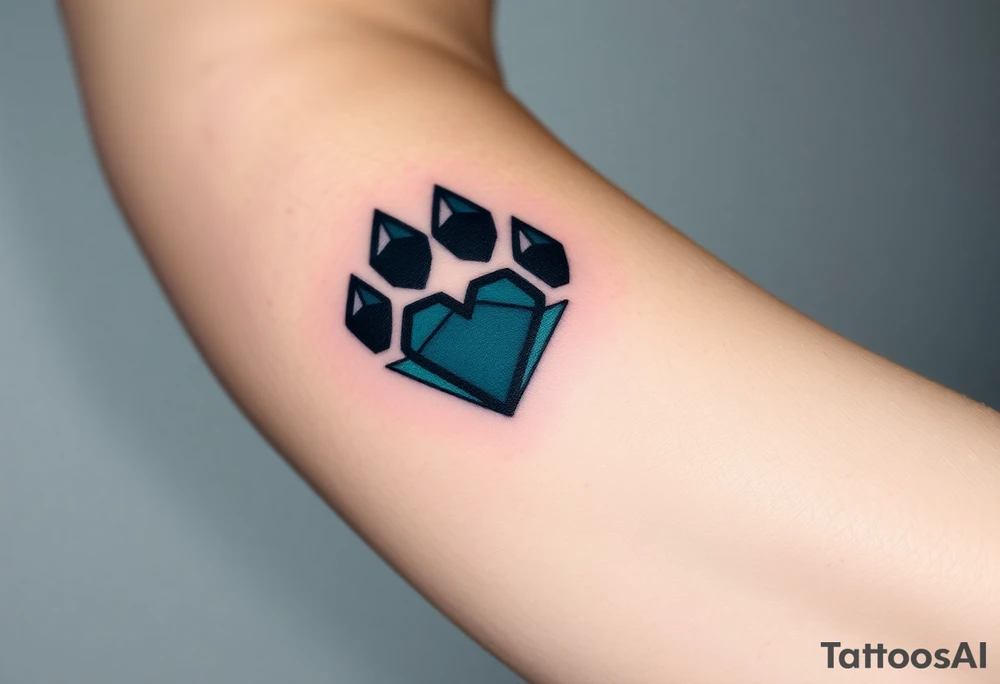 A geometric-style paw composed of sharp angular lines in shades of black and dark teal, creating a modern, edgy look with heart tattoo idea