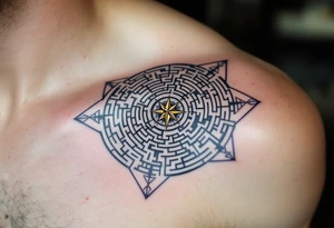 A geometric maze in metallic silver and deep blue tones, with a single golden compass in the center, representing the trials and choices of a Divergent. tattoo idea