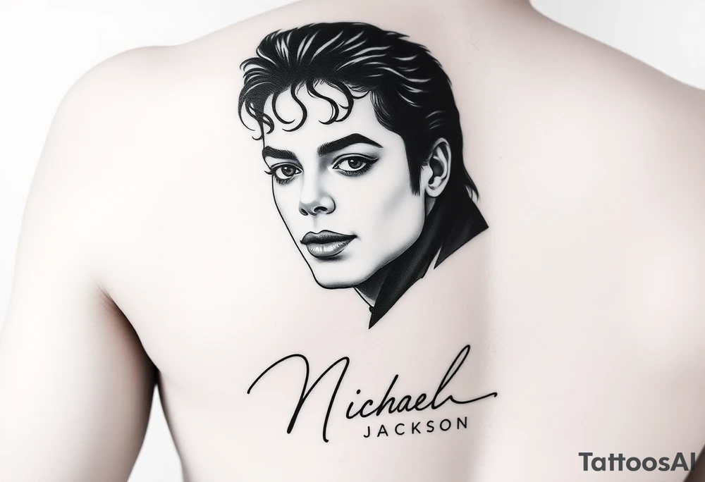 A black and grey realism tattoo design for an upper arm sleeve of Michael Jackson. The main design shows a photorealistic portrait fading out near the bottom. At the very bottom, his iconic official signature/autograph is written in clean, sharp fine-line script on a clean skin background, acting as a signature for the artwork. Professional tattoo flash tattoo idea