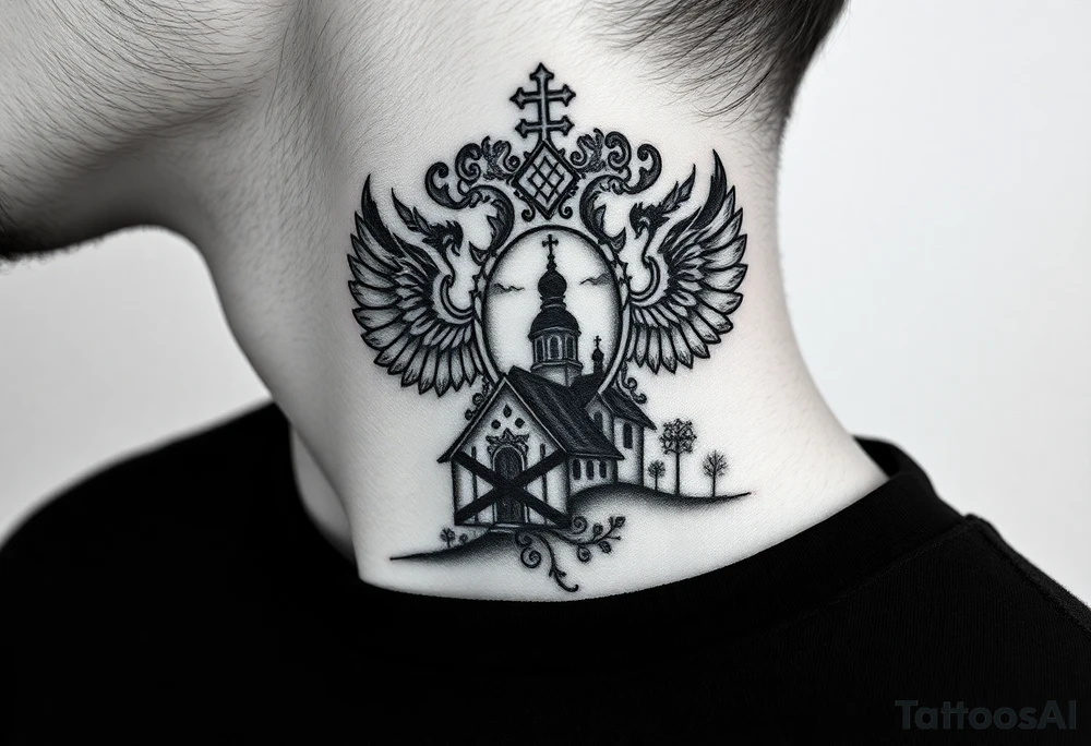 Traditional authentic Russian coat of arms with a Christian orthodox virgin marry in the middle and silhouette in a Russian wilderness Christian orthodoxy dome church village setting on the side of my neck tattoo idea