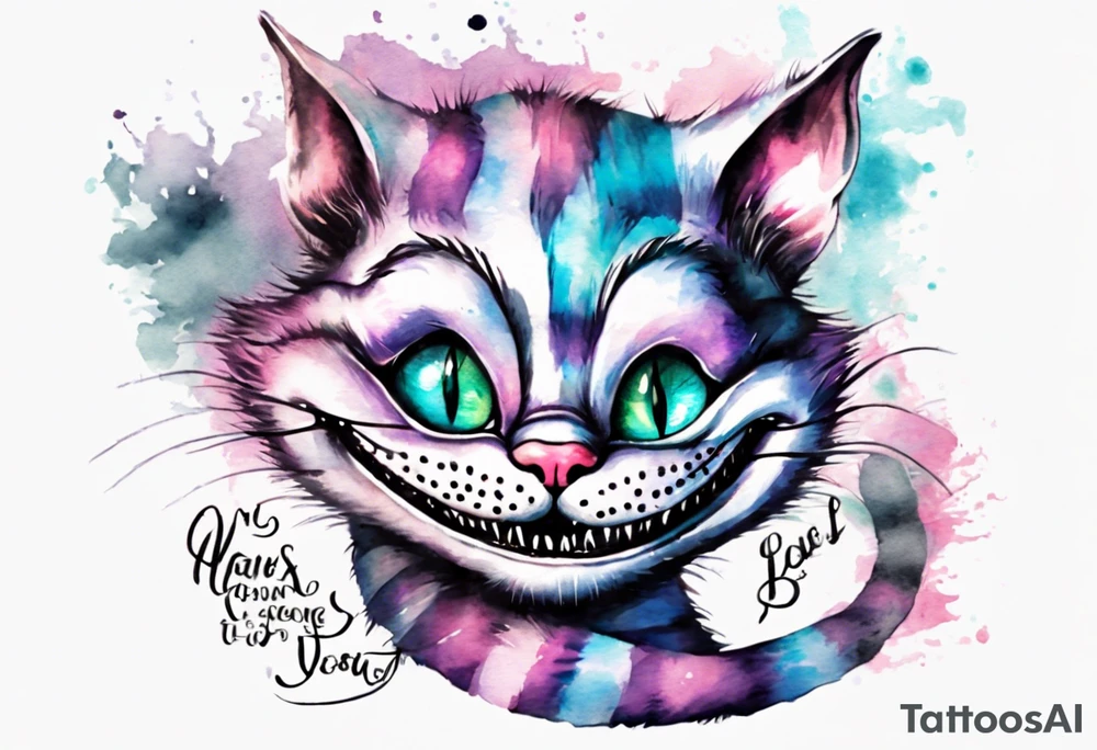 Cheshire Cat From Alice in wonderland with quote tattoo idea