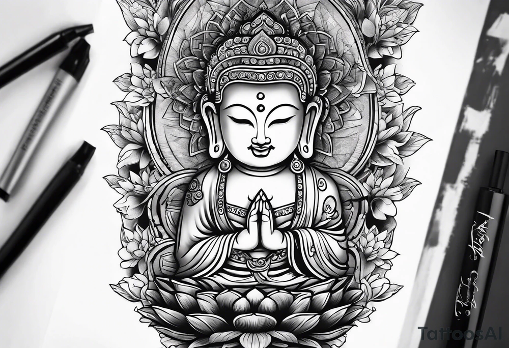 The back of a forearm including a world map, a Buddhist temple and a mandala tattoo idea