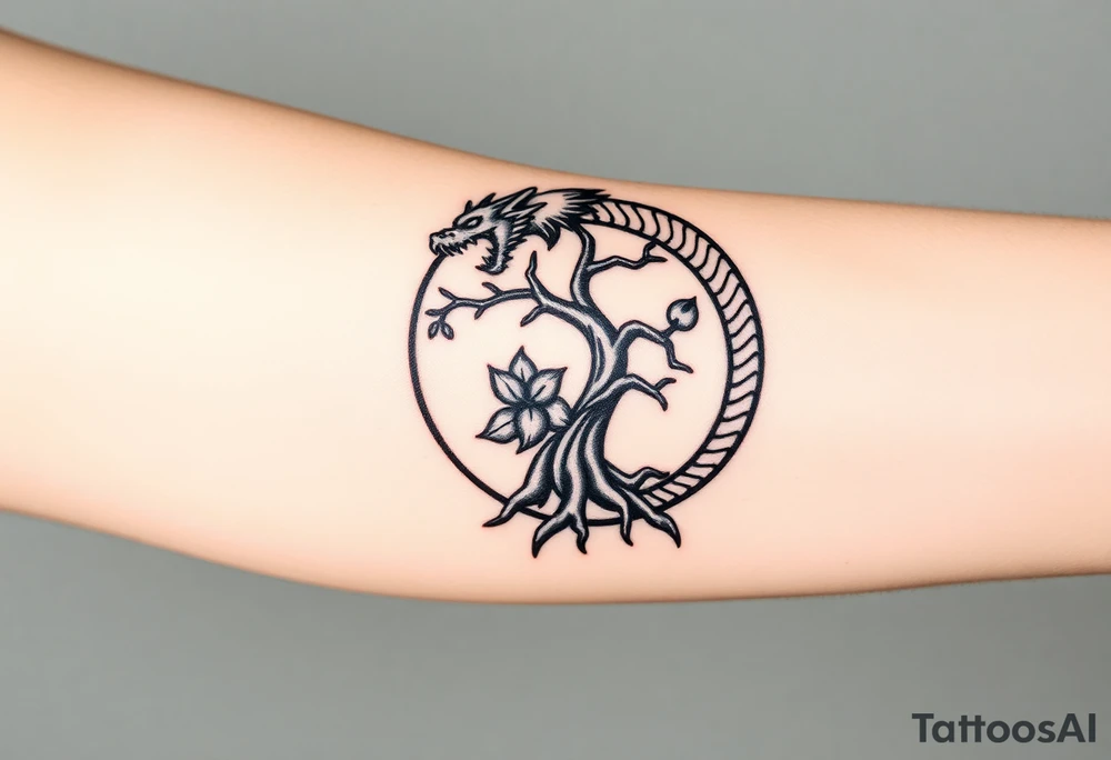 a dragon forming a circle with its body.  the dragon encircles the tree of life.   the tree of life has fruit  and the dragon is eating the fruit. the roots of the tree are strangling the tail of the dragon tattoo idea