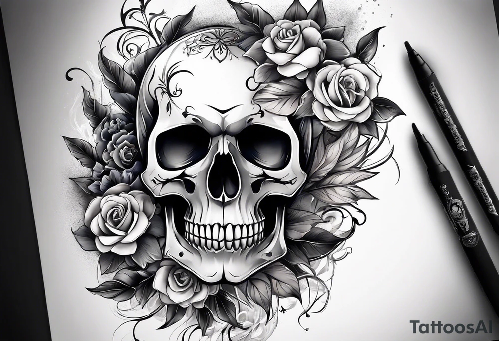 A Skull with blue eyes, smoke around the head and there flowers under the skull tattoo idea