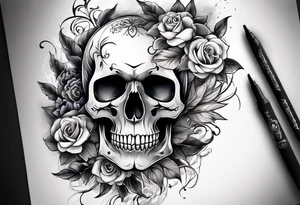 A Skull with blue eyes, smoke around the head and there flowers under the skull tattoo idea