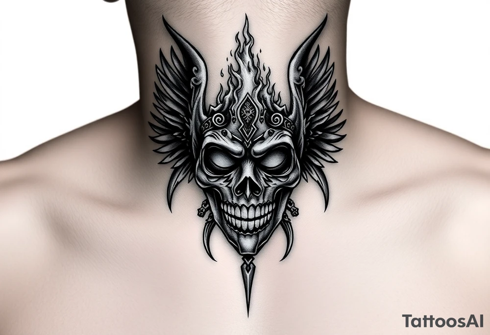Realistic neck tattoo design. On one side, near one ear, a screaming demon facing inward. On the other side, near the other ear, a screaming angel facing the demon. Between them, in the center of the front neck, a cracked ancient mask with fire and light emerging from inside, symbolizing inner conflict and balance between good and evil. Highly detailed black and grey style, fine line shading, symmetrical, intense emotion, realistic texture. tattoo idea