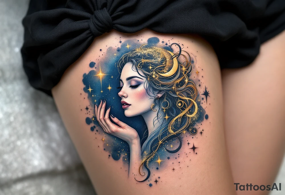 A sleek Virgo figure embedded within a celestial design. Surrounding it are glowing stars, a crescent moon, and swirling cosmic dust in deep midnight blue and shimmering gold, representing Virgo’s connection to intelligence and mysticism. tattoo idea