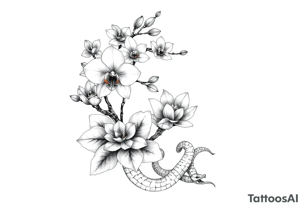 Orchid or cherry blossom tree and lotus and snake on a woman tattoo idea