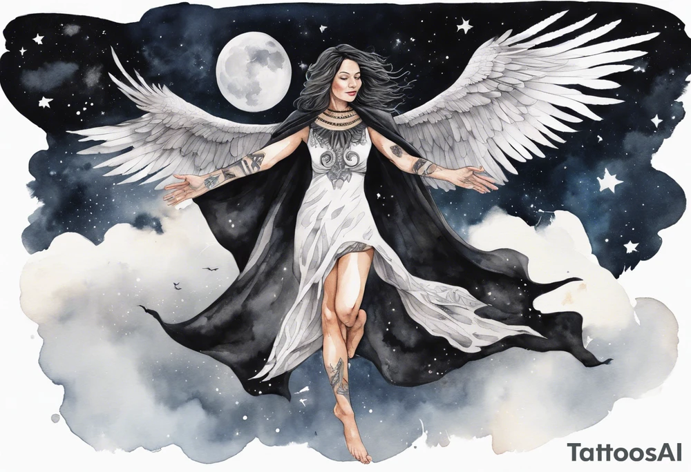 a beautiful 45 year old woman flying in the night sky with black wings, wearing a black and white cloak, bare feet tattoo idea