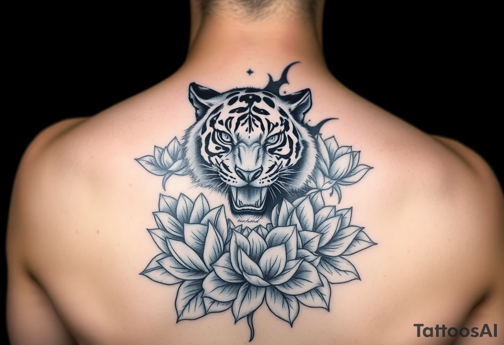 fierce tiger emerging through blooming lotus flowers in mist tattoo idea
