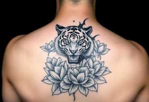 fierce tiger emerging through blooming lotus flowers in mist tattoo idea