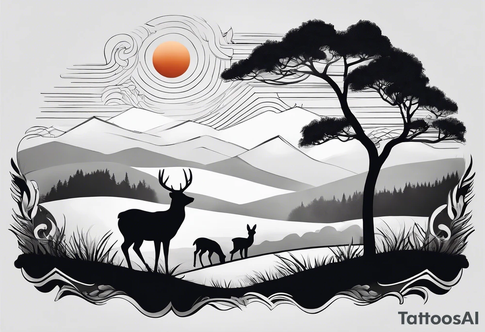 “Generate a minimalist tattoo showcasing a symmetrical scene of rolling hills and a rising sun, with small animals like deer or foxes incorporated into the design. tattoo idea