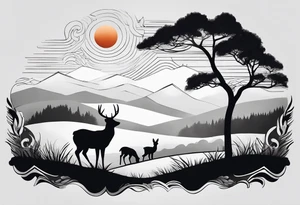 “Generate a minimalist tattoo showcasing a symmetrical scene of rolling hills and a rising sun, with small animals like deer or foxes incorporated into the design. tattoo idea