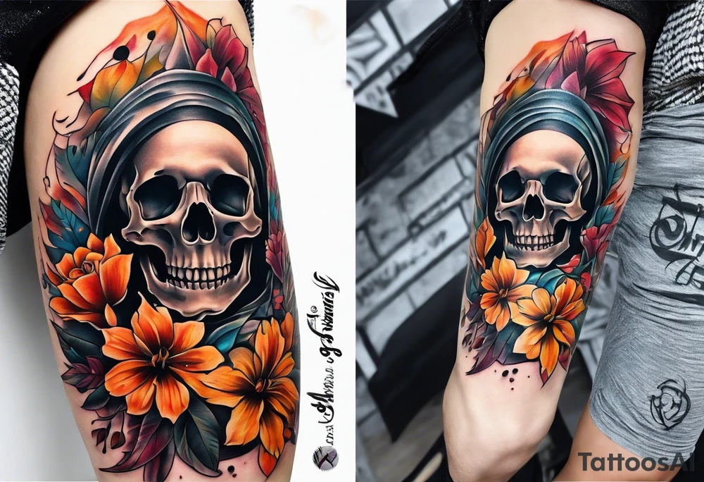 center Knee tattoo with realistic skull, various flowers, water and fall colors tattoo idea