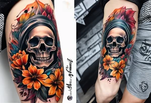 center Knee tattoo with realistic skull, various flowers, water and fall colors tattoo idea