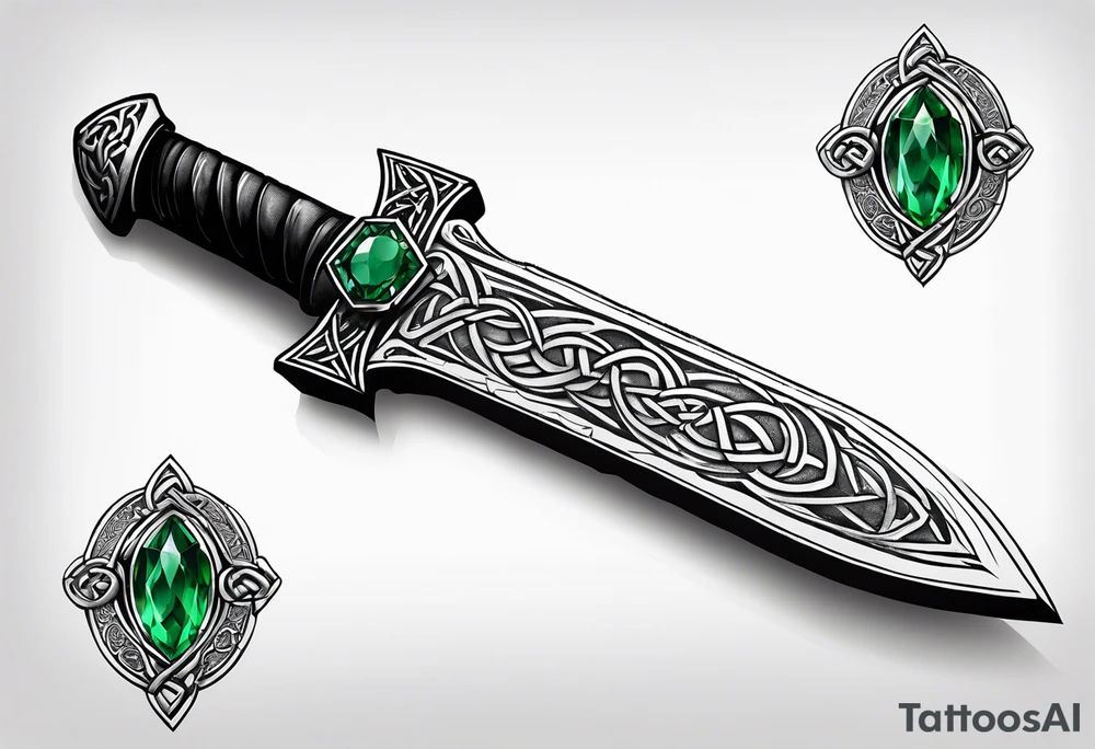 A Celtic athame dagger with the hilt turned upward and an emerald gemstone on the hilt not on the blade tattoo idea