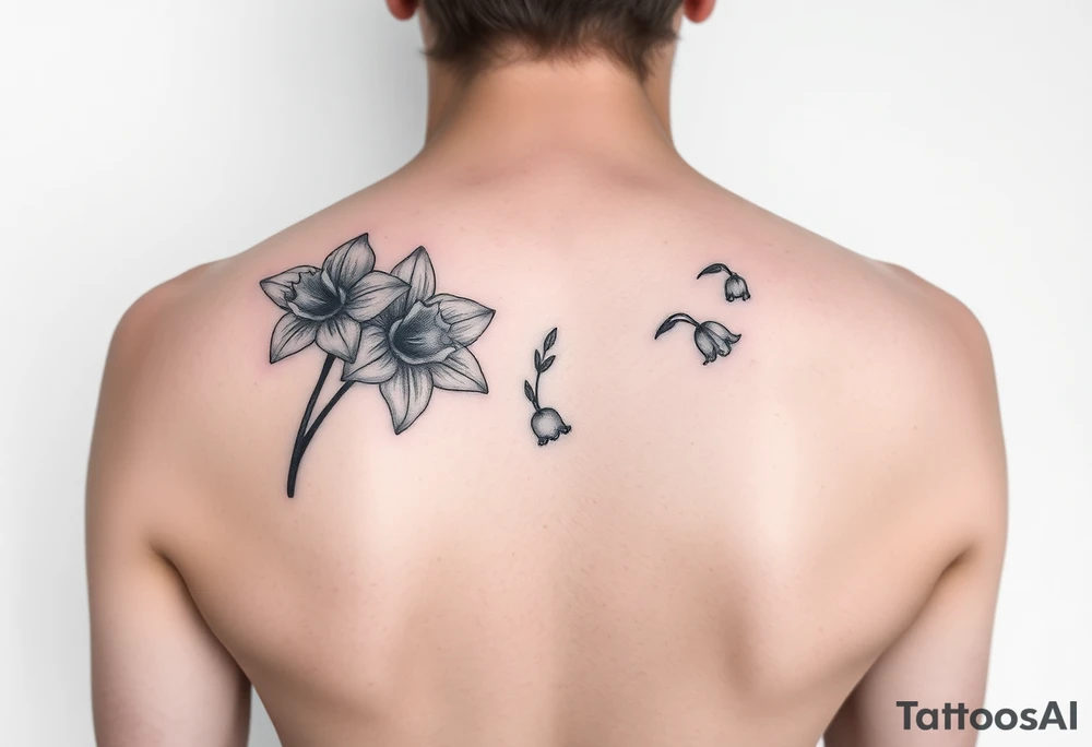 shoulder blade tattoo for women with daffodils, daisy, lily of the valley tattoo idea