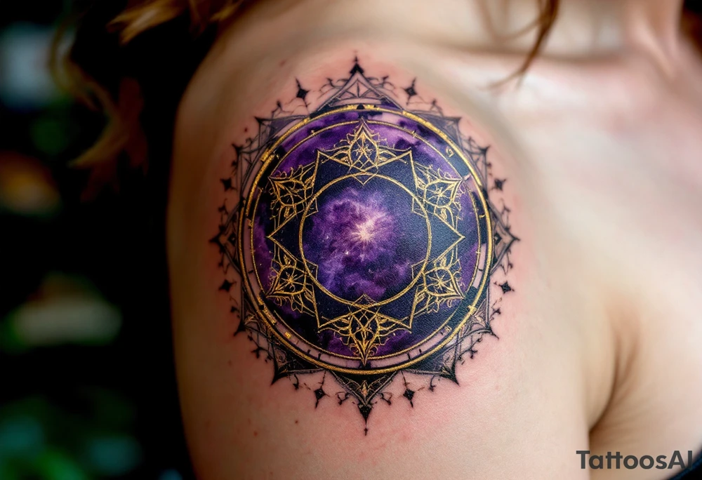 A dark violet magic circle with golden protective markings and layered spell rings. tattoo idea