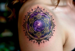 A dark violet magic circle with golden protective markings and layered spell rings. tattoo idea