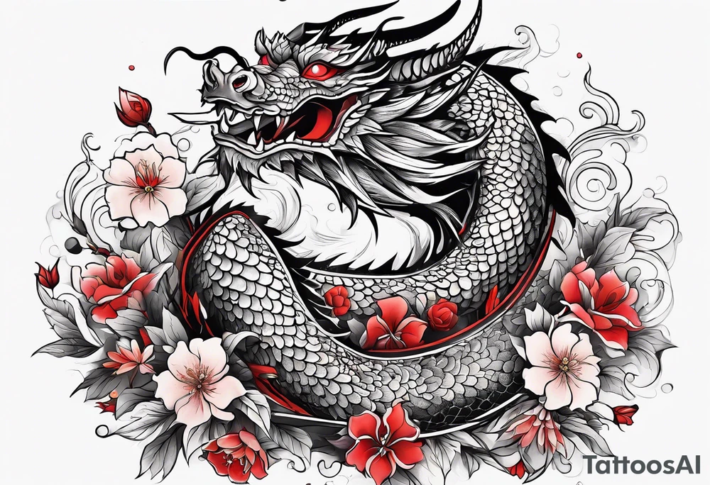 Dragon and flowers - black and red tattoo idea