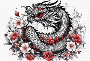 Dragon and flowers - black and red tattoo idea