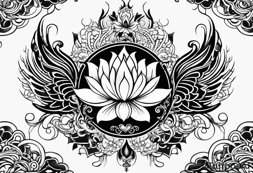 one vertical tattoo that combines lotus flower, phoenix and helix, strength and resilience symbols tattoo idea