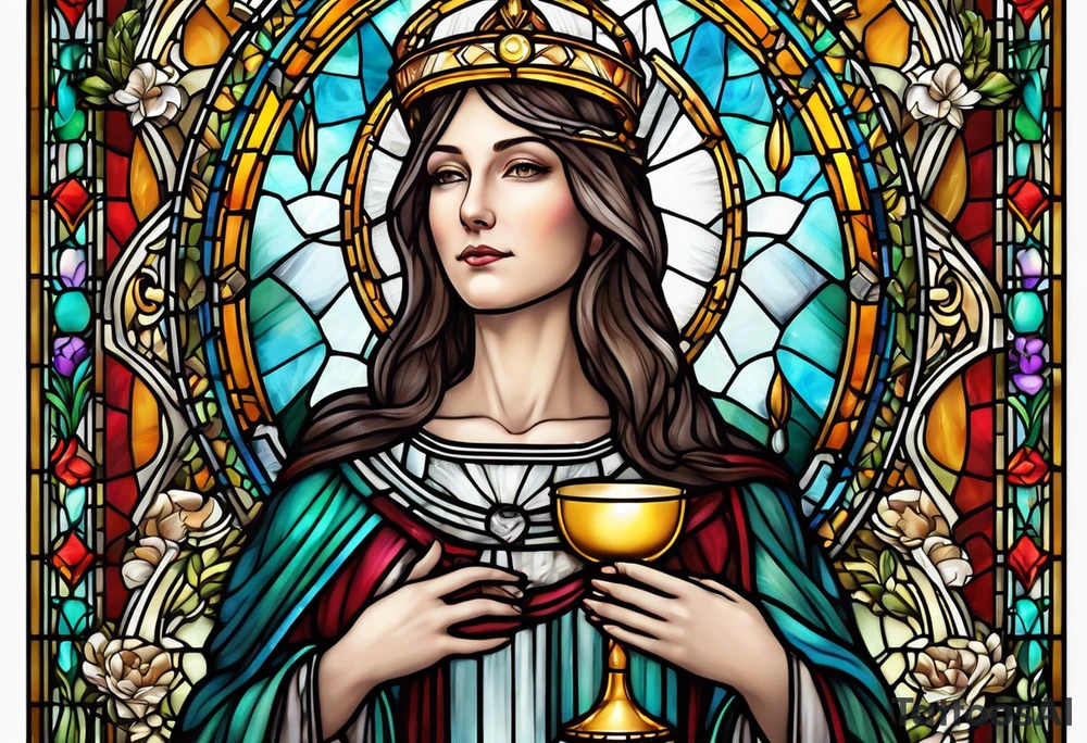 holy saint woman with halo stained glass holding a chalice tattoo idea