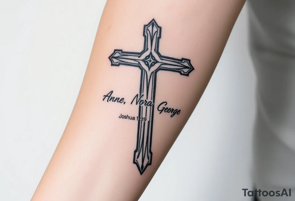 A cross with my grandparents name Anne, Nora, George and add this bible verse Joshua 1:9: "Be strong and courageous. Do not be afraid; do not be discouraged, for the Lord your God will be with you wherever you go tattoo idea