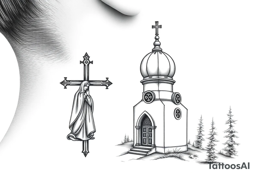 russian design  traditional christian orthodox cross with a virgin mary stood beside the entrance of a russian orthodox dome church on the side of the neck in a wilderness setting tattoo idea