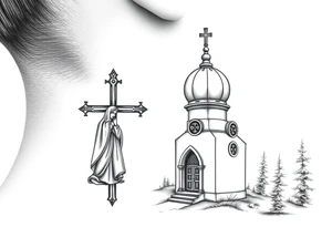 russian design  traditional christian orthodox cross with a virgin mary stood beside the entrance of a russian orthodox dome church on the side of the neck in a wilderness setting tattoo idea