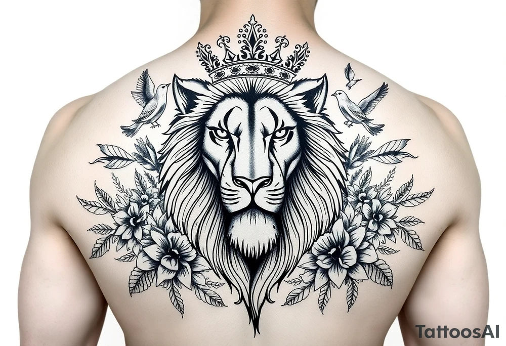 powerful majestic lion with a crown, surrounded by floral ornaments and birds tattoo idea
