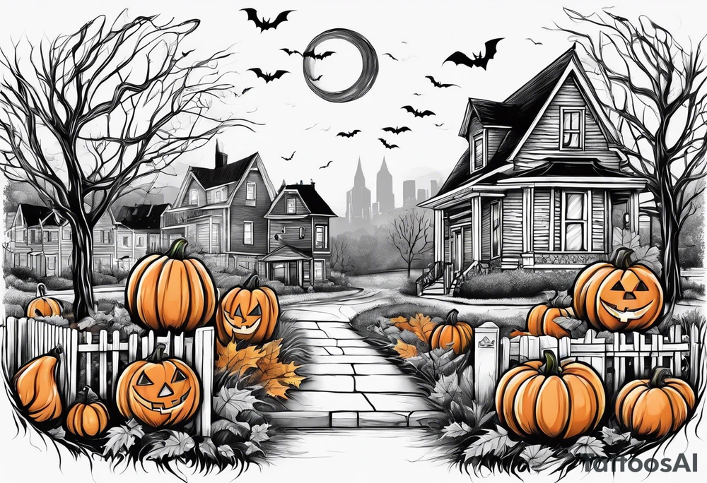 Neighborhood street in fall with Halloween pumpkin tattoo idea